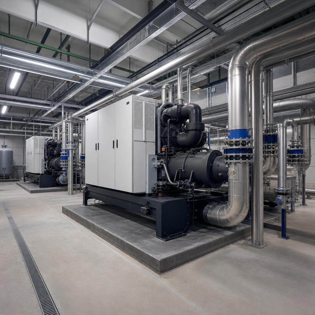 Chiller plant room with insulated pipework