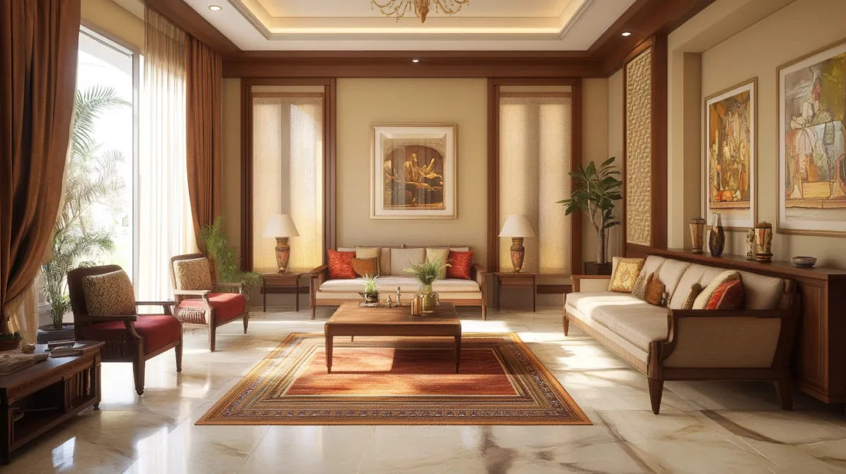 Classic living room with wooden panelling, marble flooring and a patterned rug