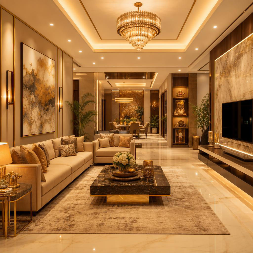 Luxury living room with a crystal chandelier, cove-lit false ceiling and marble TV wall