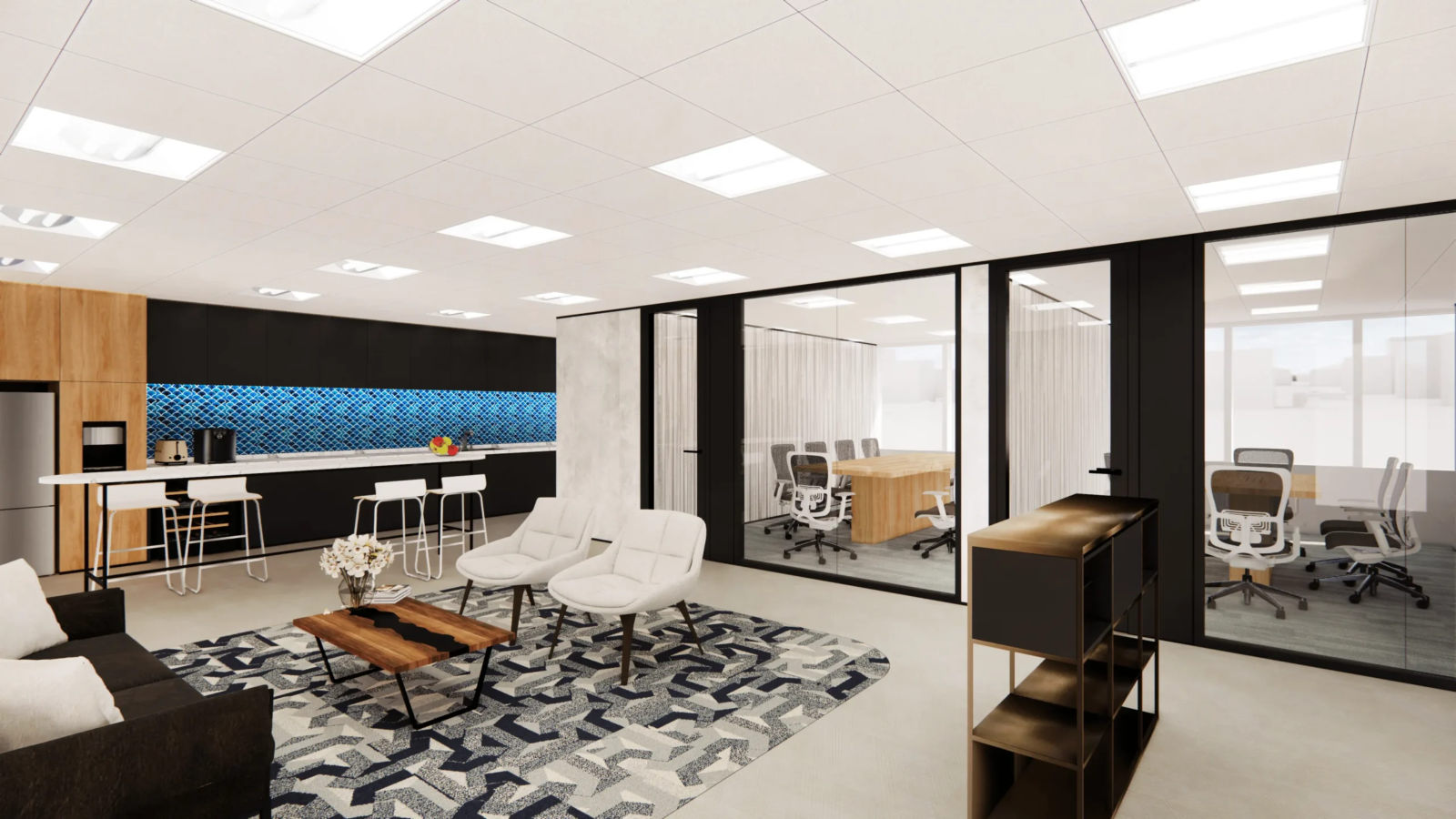 Modern office with a lounge, pantry and glass-walled meeting rooms