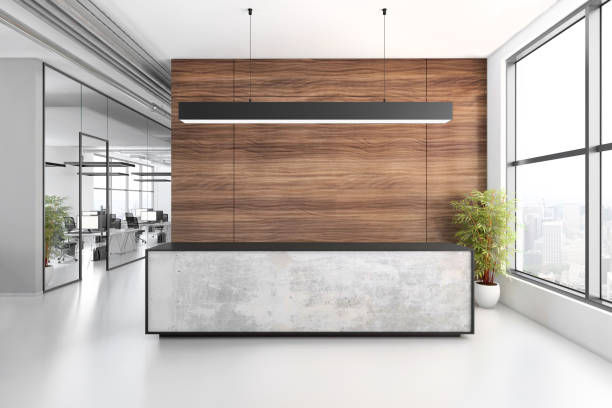 Office reception with a wooden feature wall