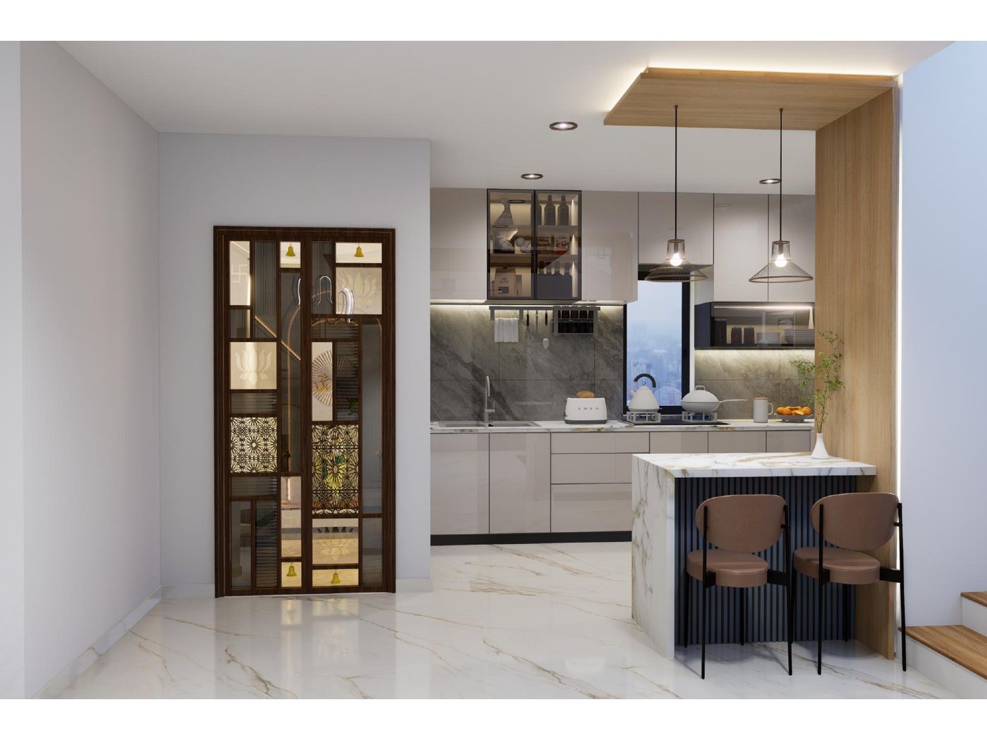 Kitchen with breakfast island and pendant lights