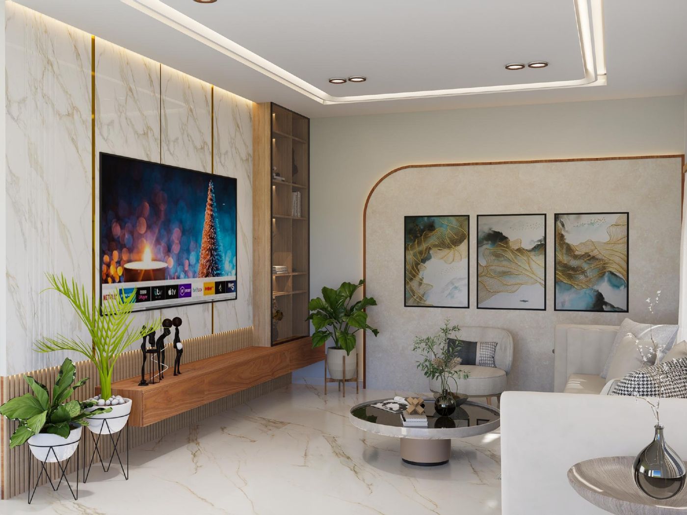 Living room with marble TV wall