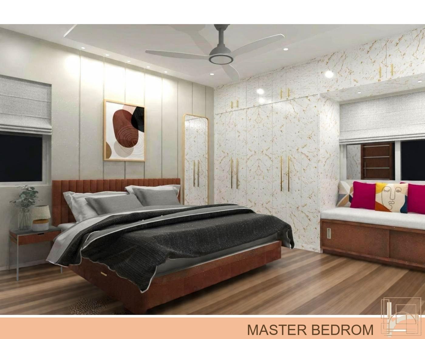 Master bedroom with wallpaper accent